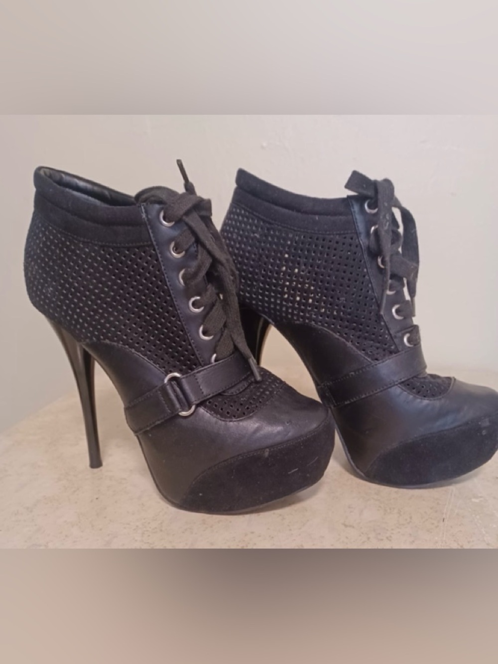 Qupid Black Lace-Up Platform Ankle Boots - Picture 2 of 5